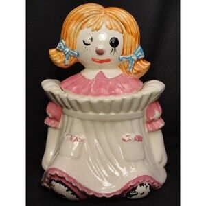 Royal Sealy Raggedy Ann Doll Ceramic Cookie Jar Pink Dress 10" Japan Vintage